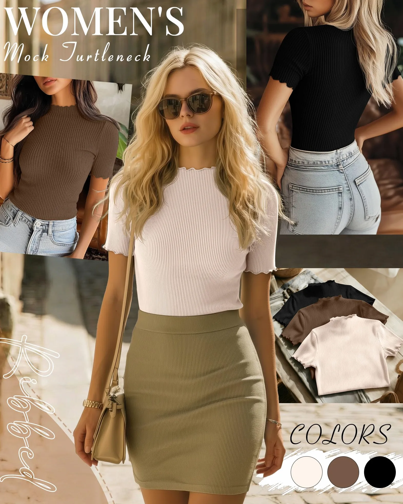 Geyoga 3 Tops Mujer Cuello Perkins | Camiseta De Algodón De Manga Corta, Tejido Acanalado Y Borde Ondulado. Ajuste Ceñido Y Tejido Elástico.