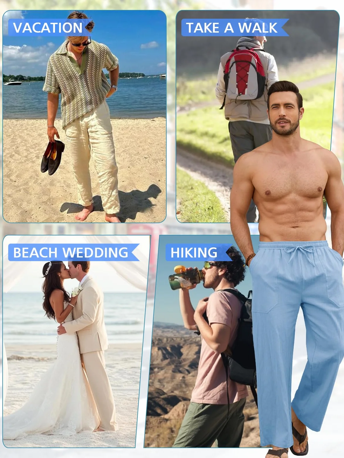 Pantalón Lino Hombre Verano de Mezcla Algodón y Lino Ligero Transpirable con Cintura Elástica Cordon y Bolsillos Pantalones de Lino Hombre Corte Largo