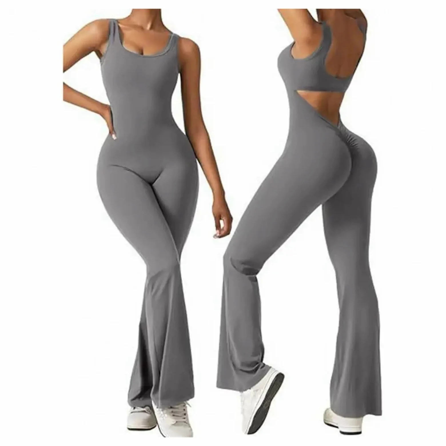 Body De Yoga con Espalda Descubierta Mono Deportivo Elegante sin Mangas con Cintura levantada y Dobladillo Acampanado for Mujer, Estilo melocotón, for Verano para Yoga Gimnasio(Black,XL)