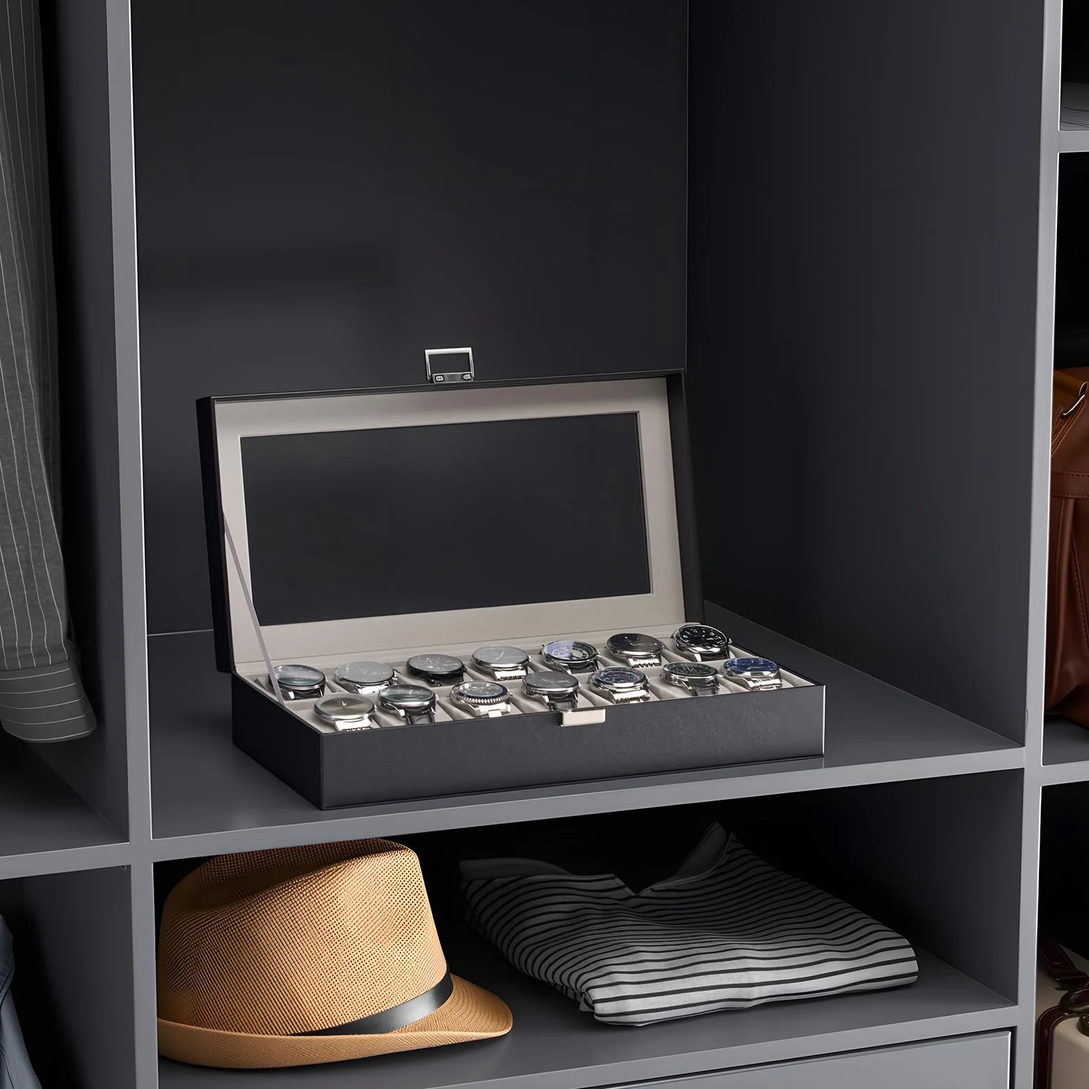 ProCase Caja Organizadora de Relojes 14 Ranuras, Estuche Joyero con Tapa de Cristal, Vitrina de Almacenamiento para Relojes, Pulseras y Joyas, Regalo Elegante para Hombres y Mujeres – Negro