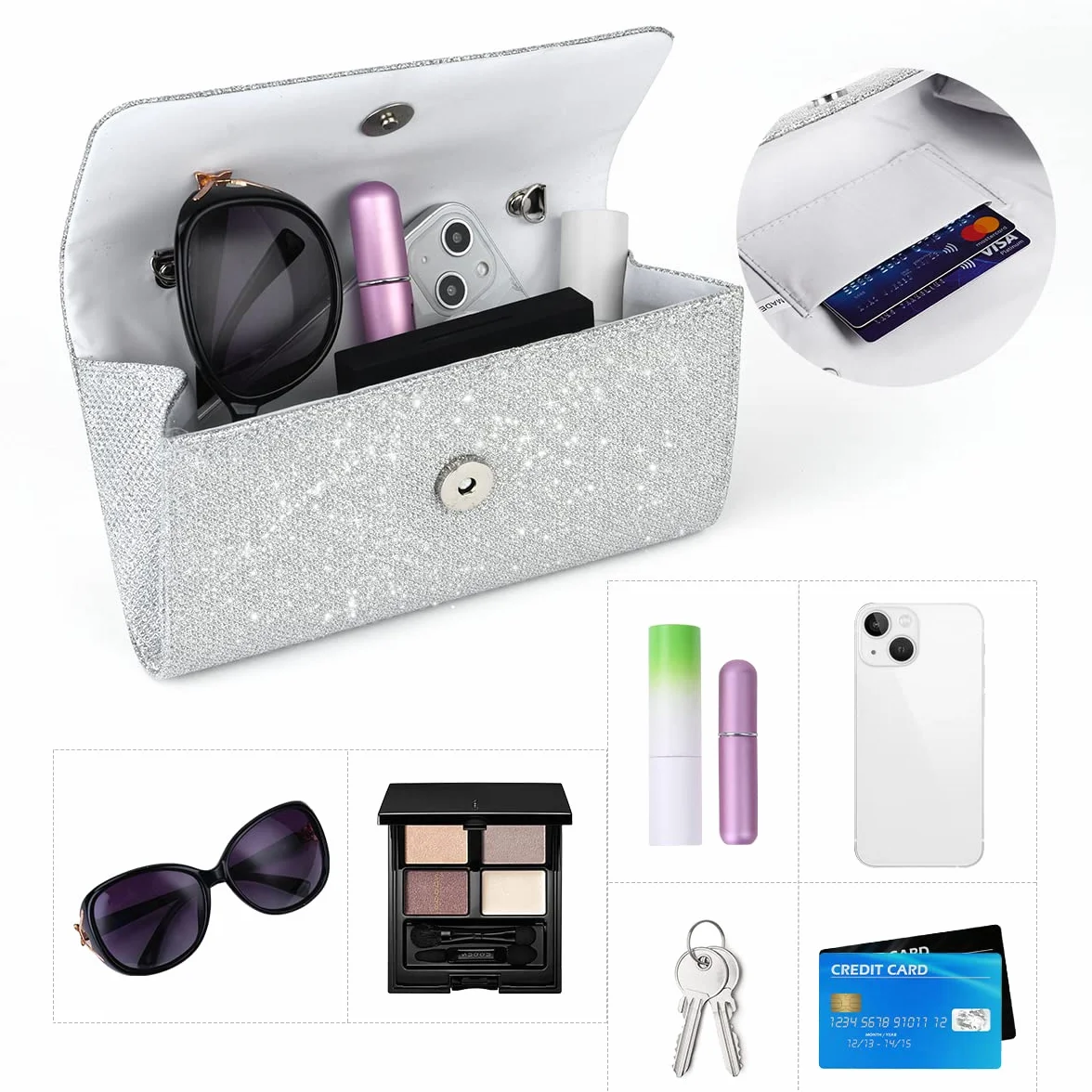 OSDUE Bolso de Mano para Mujer con Cadena Desmontable, Bolso de Hombro Cruzado con Ientejuelas y Purpurina, Bolso de Novia para Boda, Evento, Citas y Cóctel