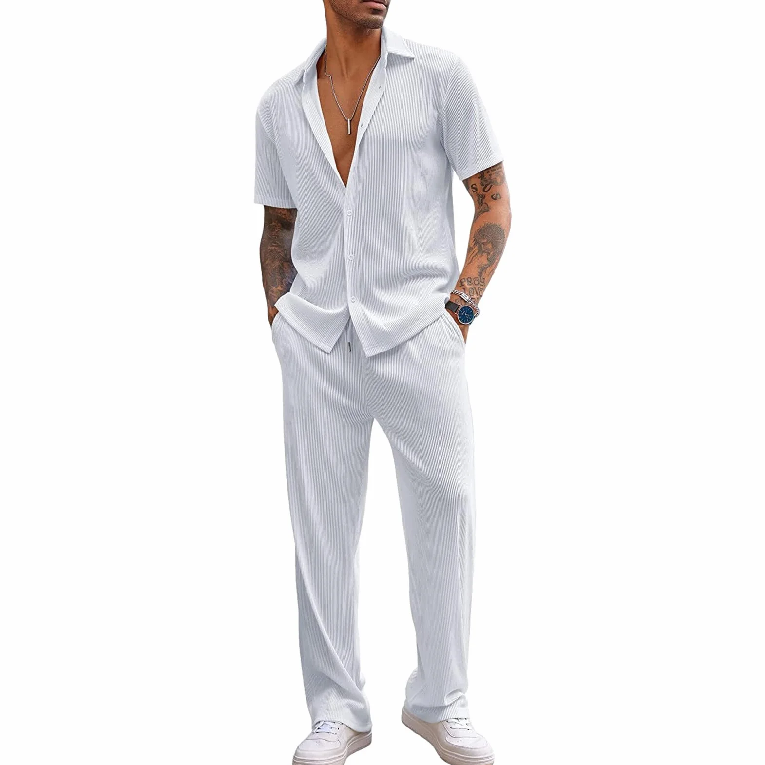 Hombre 2 Piezas Trajes Casuales Manga Corta Camisa Abotonada & Drawstring Pantalón Suave Verano Traje