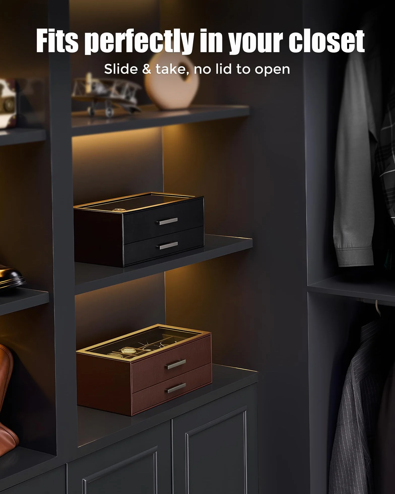 ProCase Caja para Relojes, Estuche para Relojes, Organizador de Joyas para Hombre, Almacenamiento de Joyas con Tapa de Cristal Transparente, 2 Niveles, Almacenamiento para Relojes, Gafas -Negro