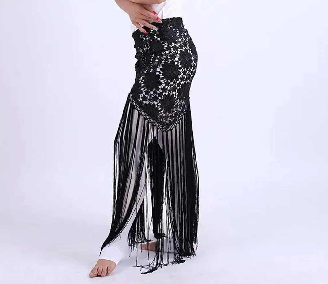 Disimlarl Falda larga con flecos para mujer, falda de danza del vientre, bufanda de cadera, falda de encaje para baile profesional