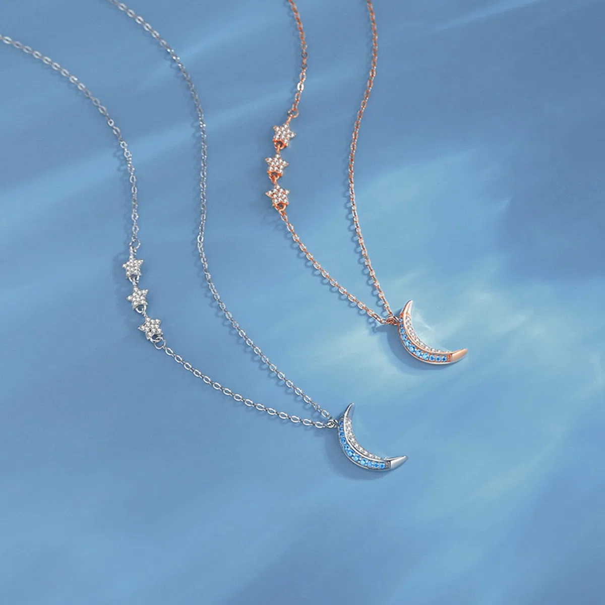 Collares de moda para mujer, collar de oro blanco de 9K/14K/18K con colgante de luna de moissanita y estrella de topacio, cadena Rolo: 40 + 5 cm