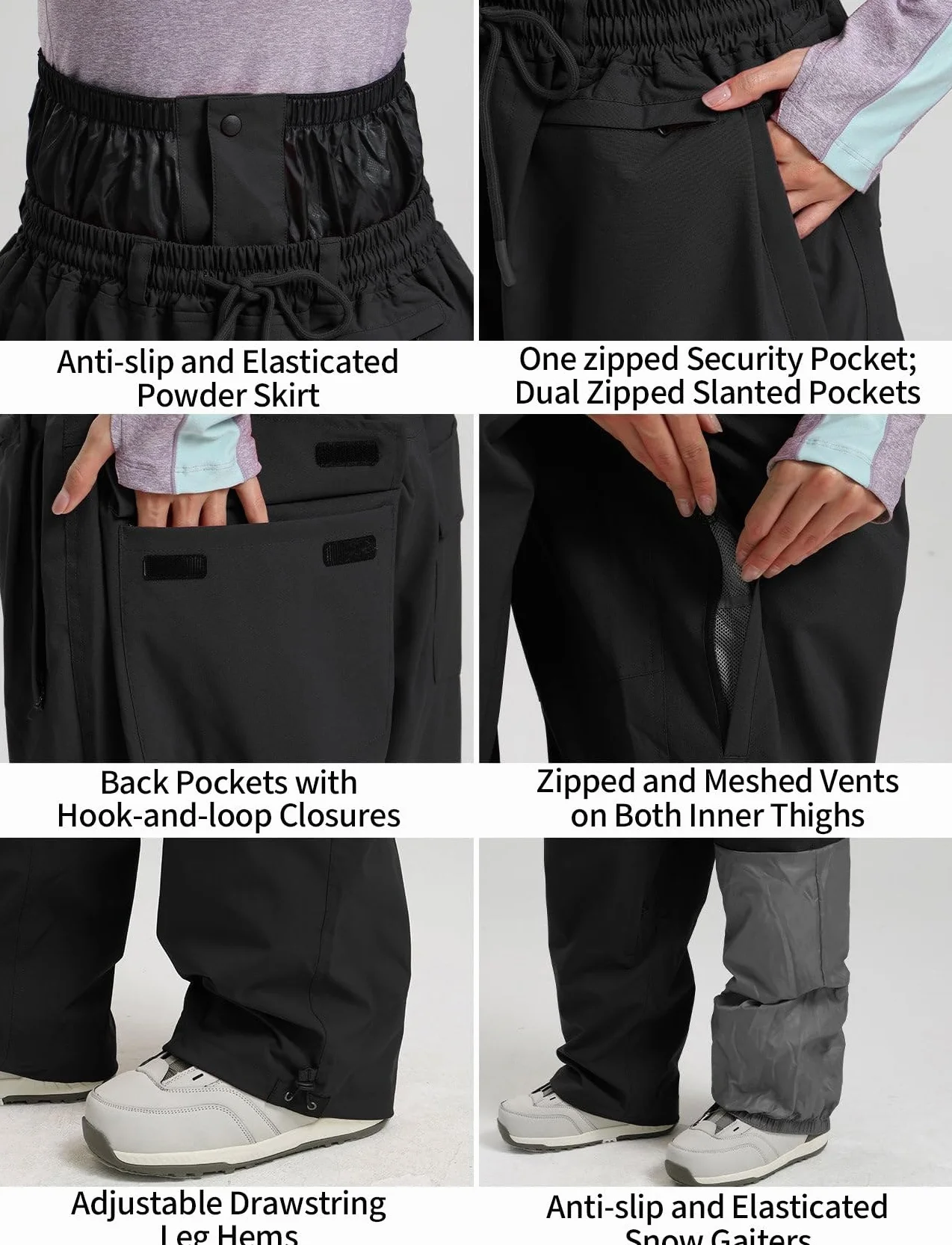GSOU SNOW Hombres Mujeres Pantalones de Esquí Holgados Pantalones de Snowboard Baggy Pantalones de Nieve Oversize - Multibolsillos Impermeable Antiviento Transpirable Cálido