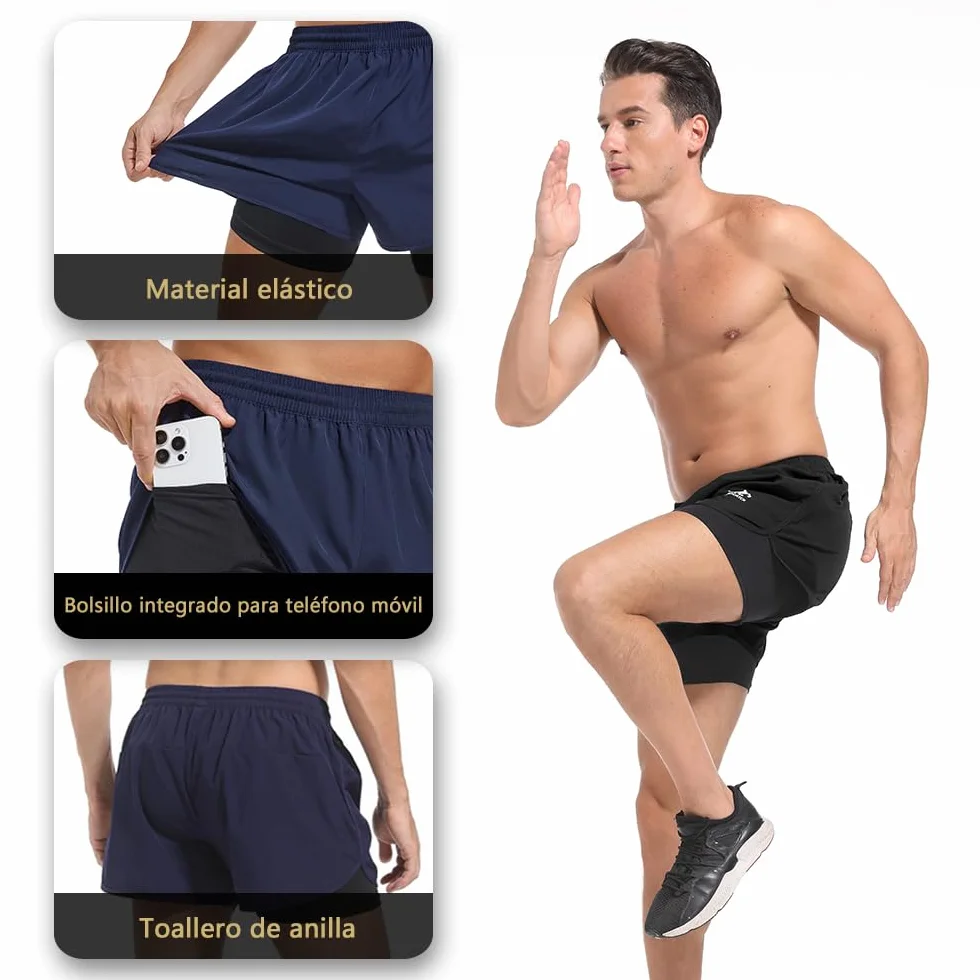 Pantalones Cortos de Running 2 en 1 para Hombre Fitness Entrenamiento maratón al Aire Libre Hombre