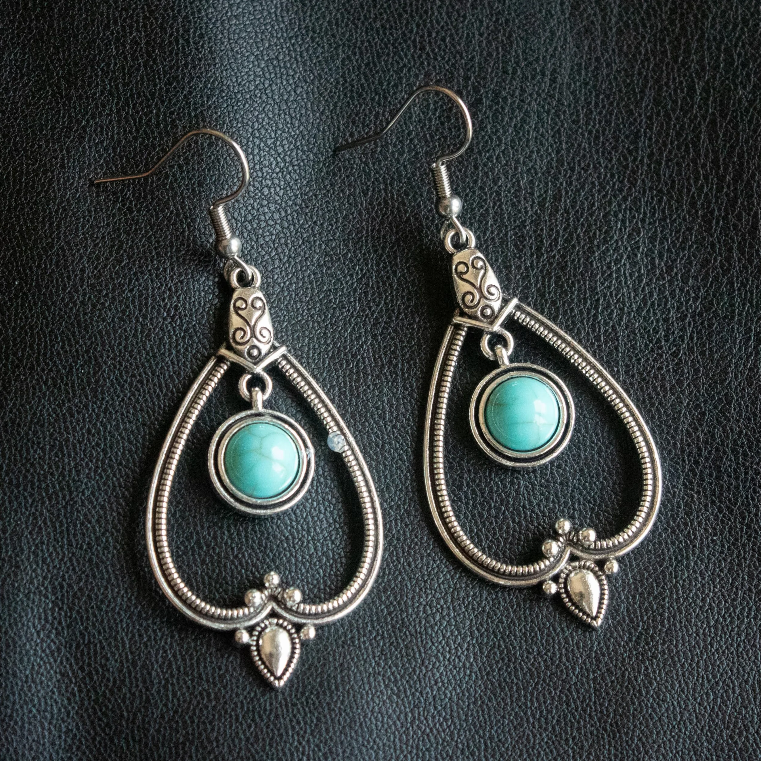 Pendientes Mujer Bohemios con Piedra Turquesa Colgante Estilo Vintage Largos Forma de Gota Plata Tibetana