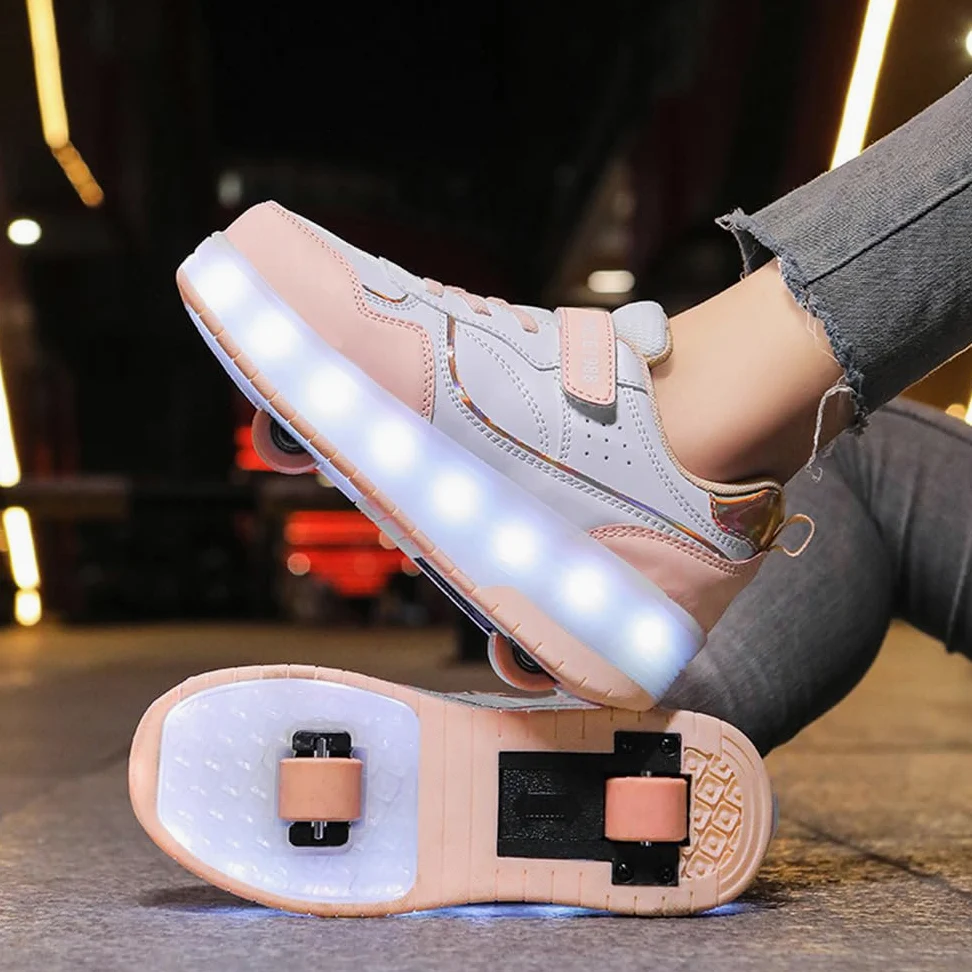 Hixingo Zapatillas con Ruedas Niño Niña, Blanco Zapatos con Dos Ruedas para Niñas 2 en 1 Zapatillas Patines Zapatillas Ruedas Niño, Zapatos Patines Calzado de Skateboarding Multifuncionales