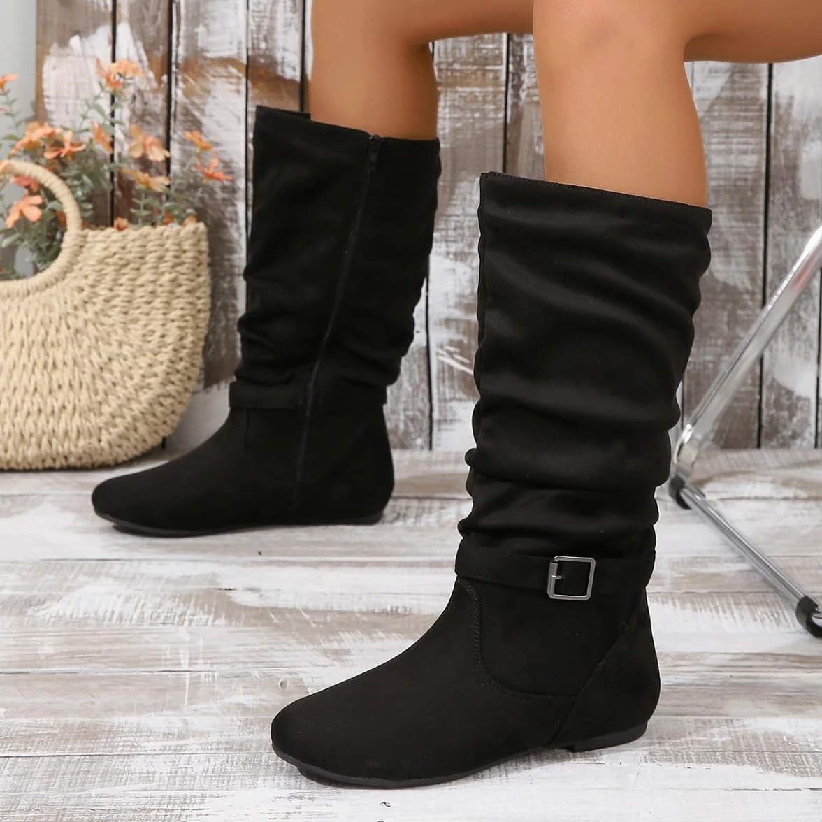 Botines de Ante para Mujer Caña Media Estilo Retro Arrugado Punta Redonda Tacón Bajo Plano Cremallera Lateral Completa Calzado Casual para Todas las Estaciones para Trabajar Citas y Viajar