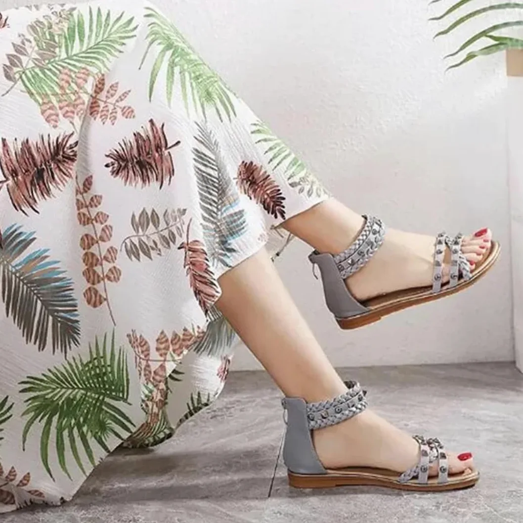 Sandalias étnicas con banda elástica para mujer, con correa de tobillo, tacón plano, con parte lateral abierta, estilo étnico, con remache superior, tejidas, retro, romanas, informales, de verano
