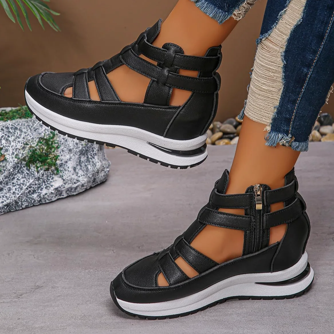 Sandalias de cuña de plataforma transpirables para mujer, sandalias de pescador con puntera cerrada para mujer, sandalias romanas de gladiador de verano
