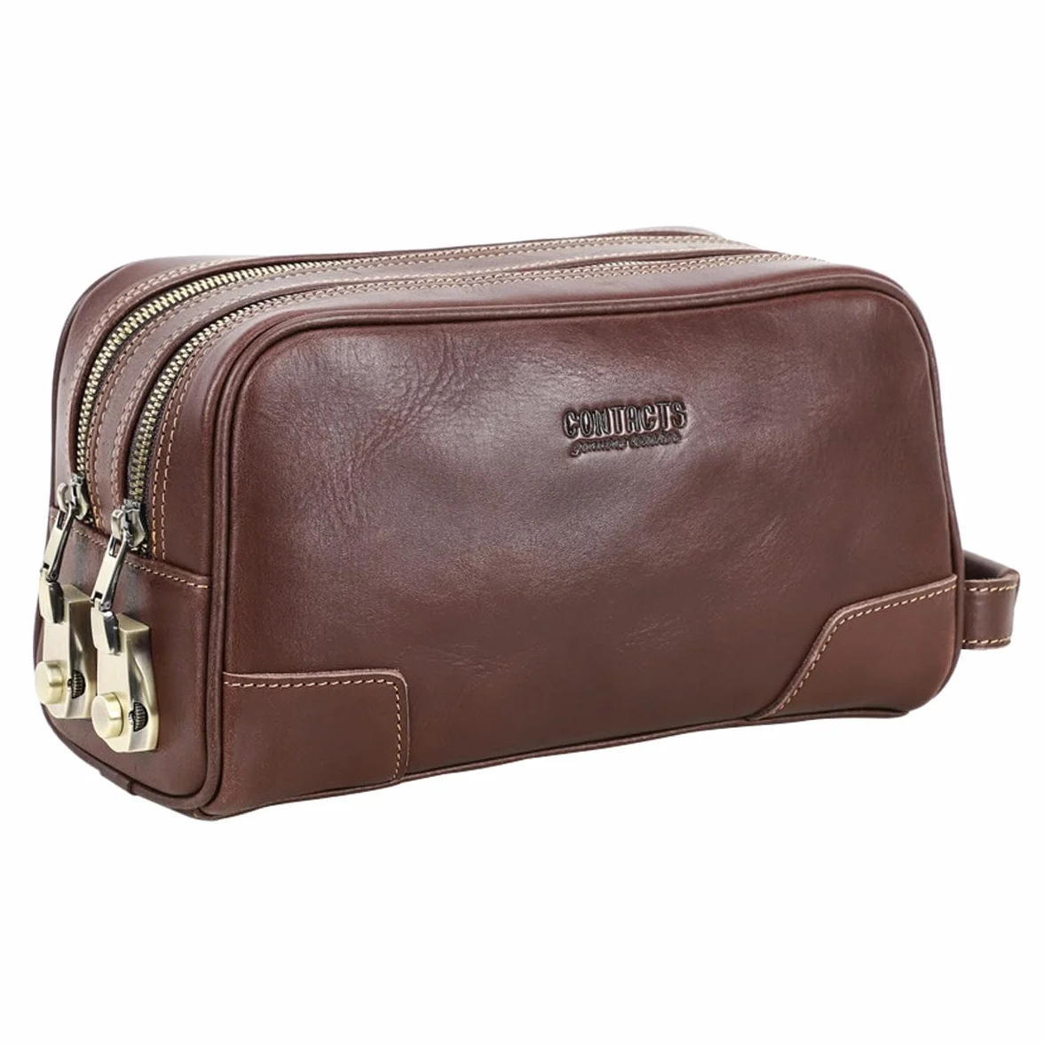 RC ROCKCOW Bolsa de aseo con cerradura codificada, para hombre, de piel auténtica, kit de afeitado, antirrobo, cartera de negocios, organizador de bolso de mano, Café, Cerradura codificada