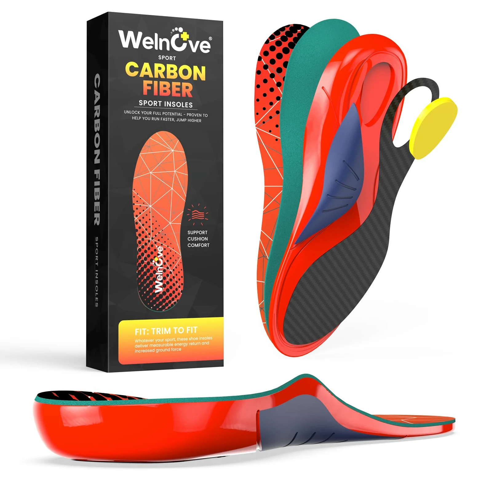Welnove Plantillas deportivas de fibra de carbono con soporte para el arco del pie, absorción de impactos y retorno de energía para correr, baloncesto y entrenamiento de alta intensidad, estabilidad y
