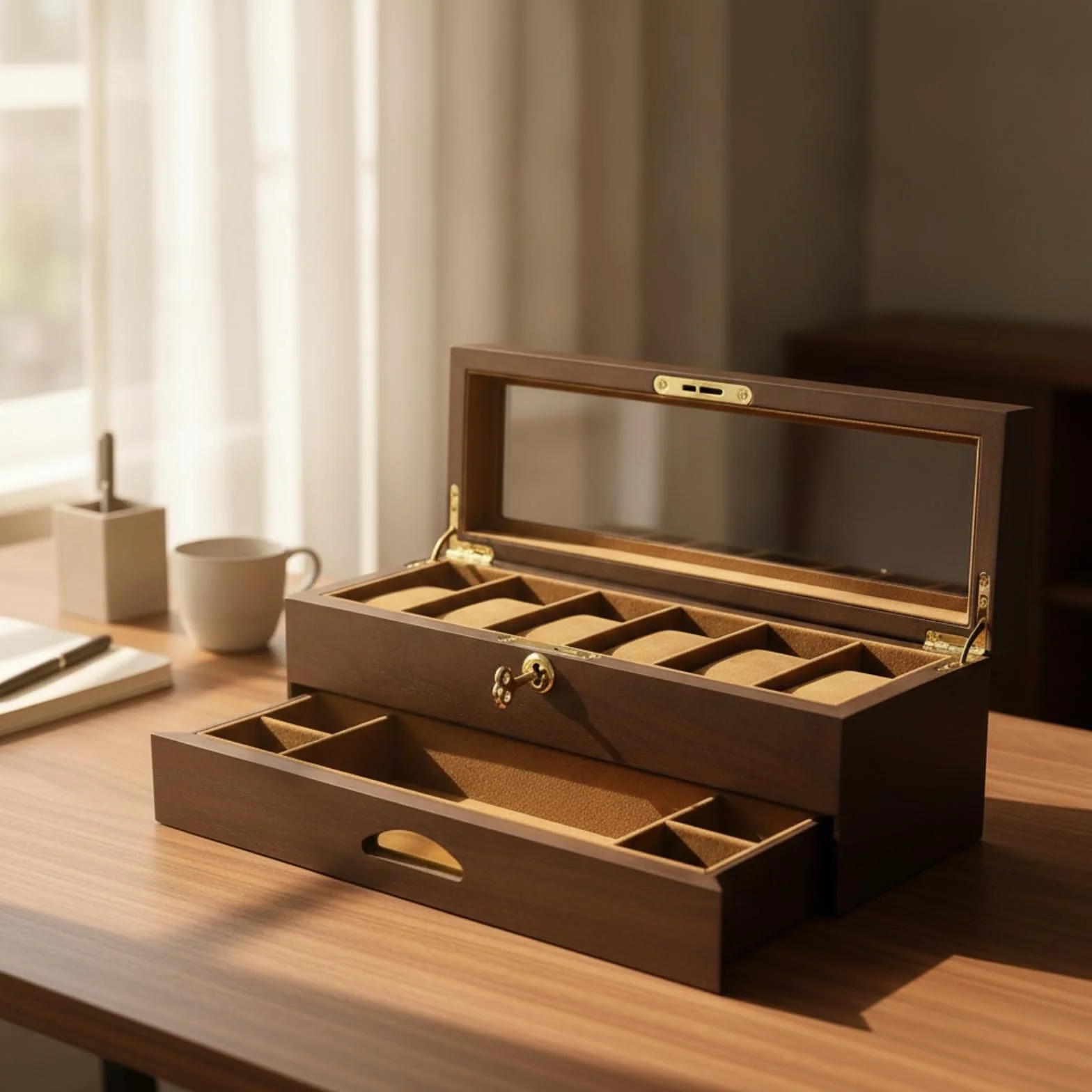 Organizador Relojes con Tapa Cristal Compacto Joyero con Cierre Cómodo Organizadora Joyas Tapa Cristal para, Caja De 6 Relojes De Doble Capa Con Cajón, Acabado En Nogal Negro