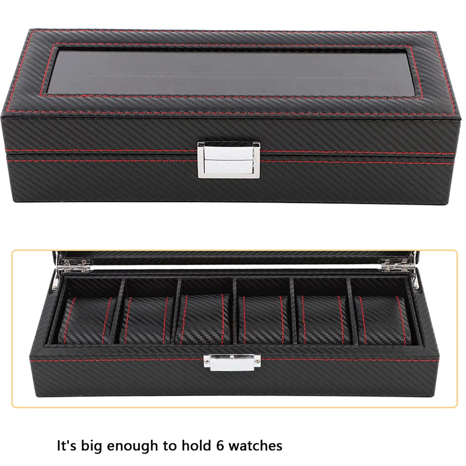 Akozon Caja De Reloj De Fibra De Carbono con 6 Ranuras, Estuche De Viaje para Organizador De Almacenamiento De Exhibición De Joyería