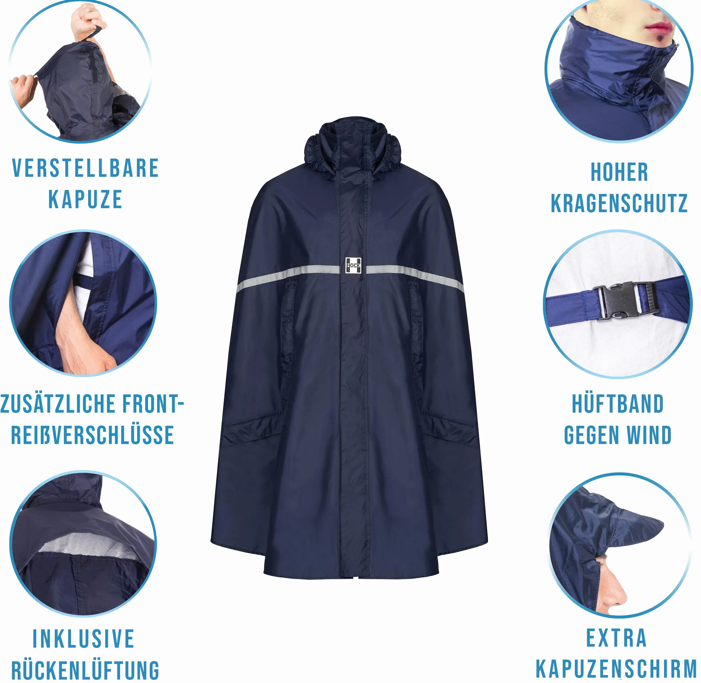 HOCK Poncho de lluvia premium con cremallera, ideal para bicicletas eléctricas y ciclomotores, poncho impermeable con reflectores, protección contra la lluvia para hombre y mujer, ropa impermeable de