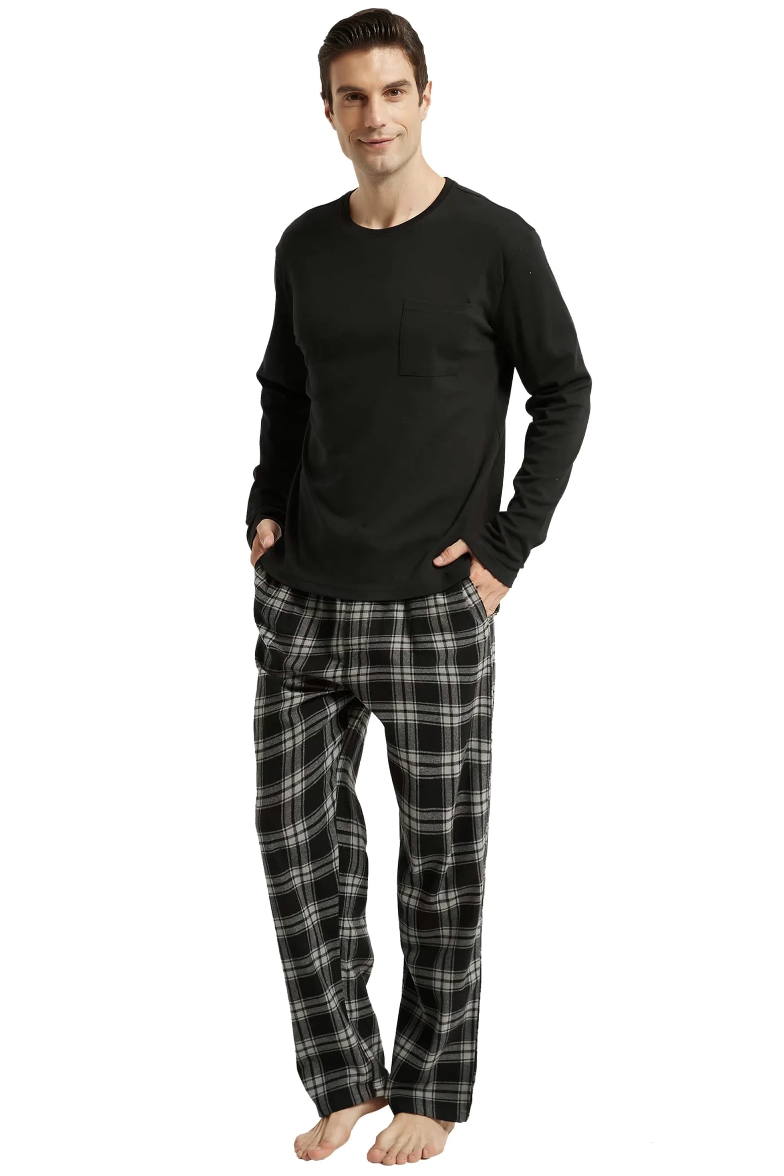 Amaxer Pijama de Dos Piezas Hombre, Conjunto de Pijama de Franela, Ropa de Dormir, Camiseta de Manga Larga con Bolsillos, Pantalones de Pijama con cordón