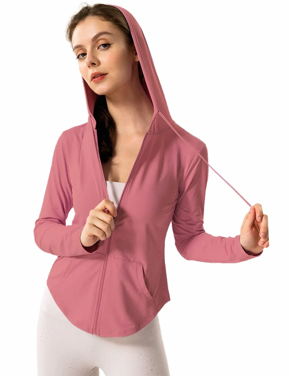 Mujeres Manga larga UPF 50 + protector solar Chaquetas deportivas Capucha Camiseta de fitness Bolsillo Yoga Cremallera completa Jacket