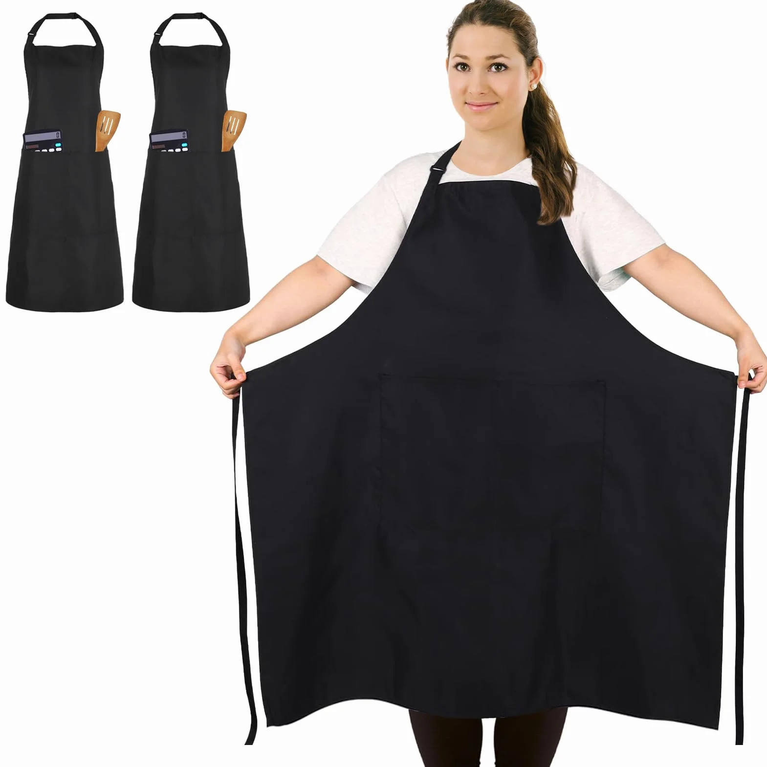 2 Pcs Grande Talla Delantales, Chef Delantal, Delantal con 2 Bolsillo para Cocinar, Trabajo, Delantal para Camarero