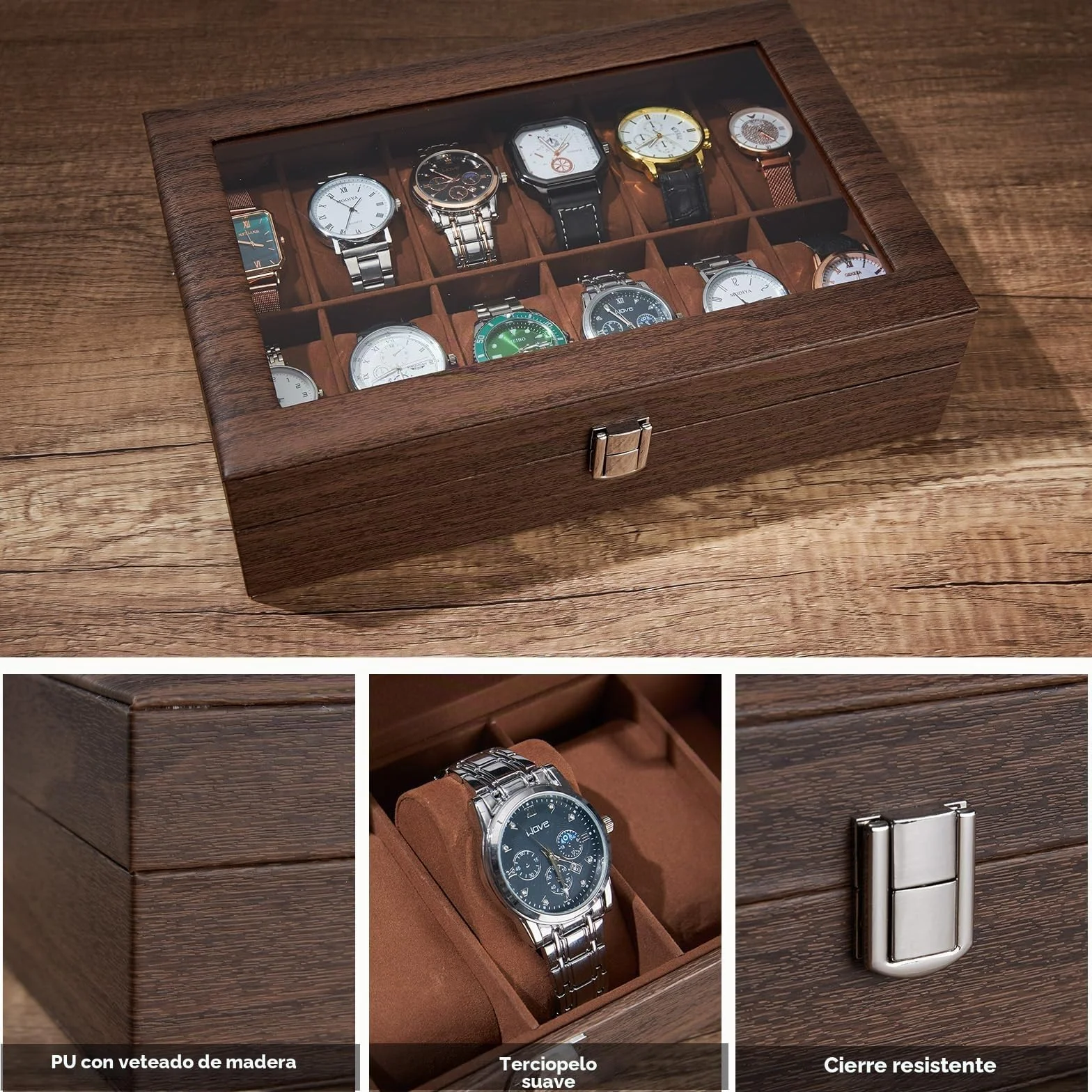 Caja Relojes con 12 Compartimentos, Ohuhu Caja para Relojes con Tapa de Cristal y Cojín ExtraíbleRegalo para Cumpleaños Día del Padre Navidad