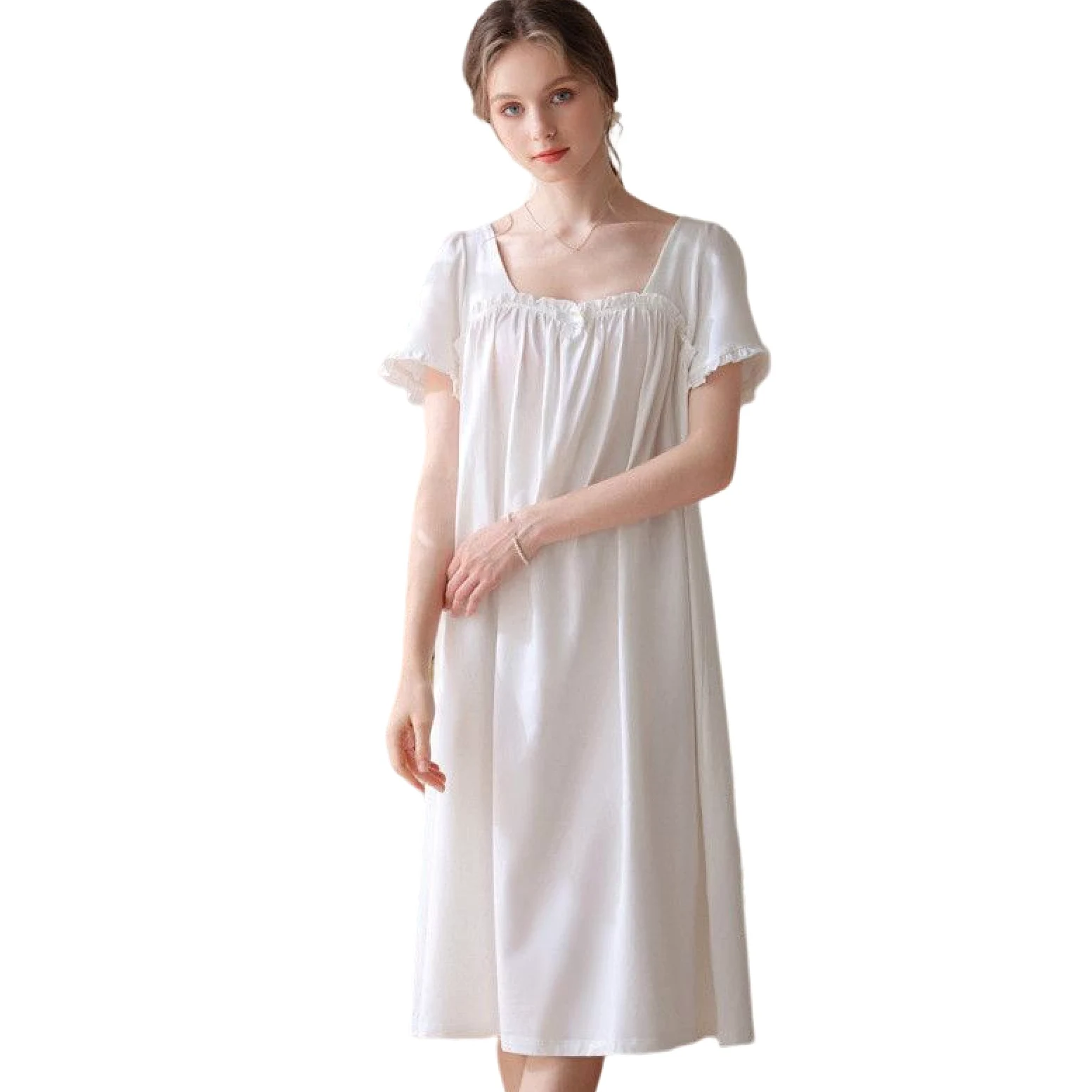 OFFSUM Camisón De Pijama De Mujer - Verano De Longitud Media Cuello Cuadrado Elegante Algodón Encaje Manga Corta Color Sólido Camisón Estilo Princesa Pijama Loungewear