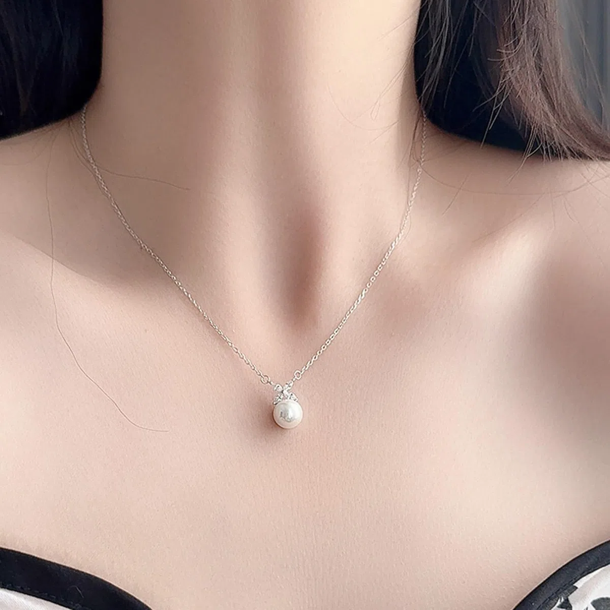 Collar de oro blanco para mujer, flor de moissanita y colgante de perlas de 8 mm, collares con colgante de 40 + 5 cm