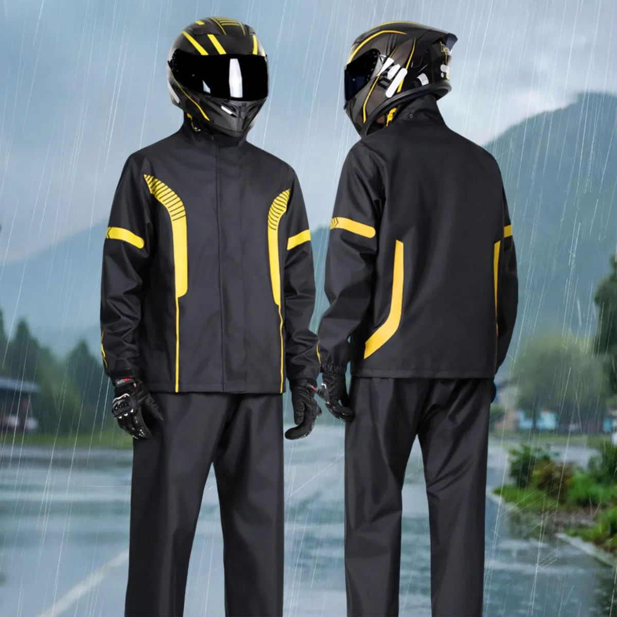 Generisch Traje de lluvia para hombre y mujer, combi impermeable de 2 piezas, plegable, resistente al viento, pantalones de lluvia, ligeros, impermeables, para motociclistas, pongee