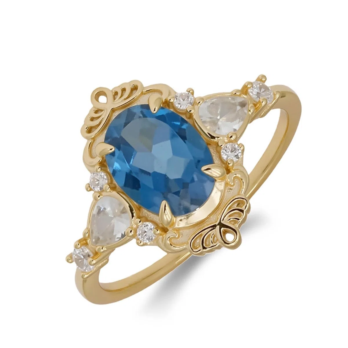 Par de anillos de oro 9 K/14 K/18 K con topacio azul ovalado en 4 garras retro