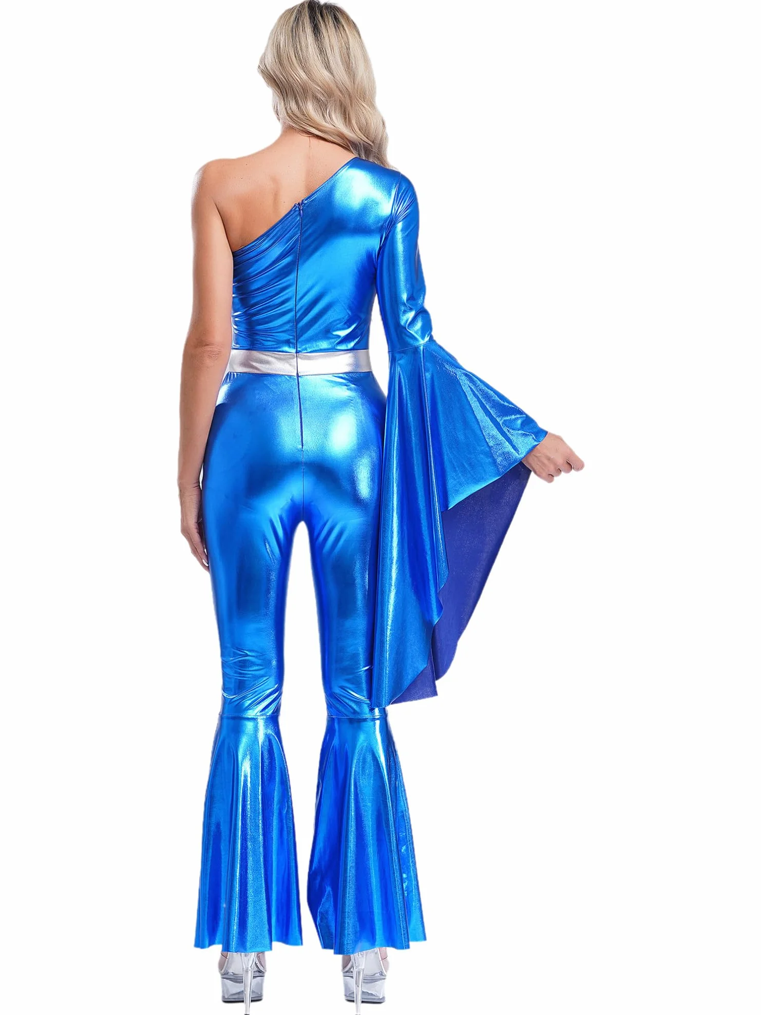 Mono Brillante de Baile para Mujer Jumpsuit Metálico Manga Acampanado un Hombro Disfraz Danza Animadora Disco Party