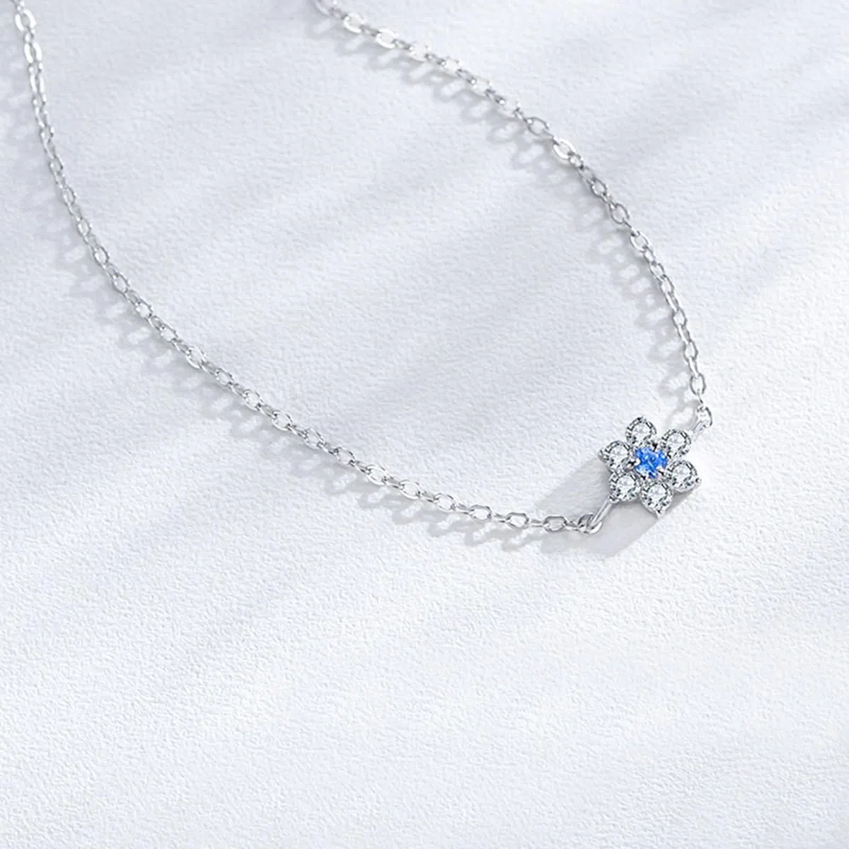 Pulseras Oro Blanco Mujer 9Kilates / 14Kilates / 18Kilates, Flor con Aguamarina y Diamante Creado, Cadena Extensible 16 CM + 5 CM, Pulsera de Mujer Ajustable Plata Azul Claro