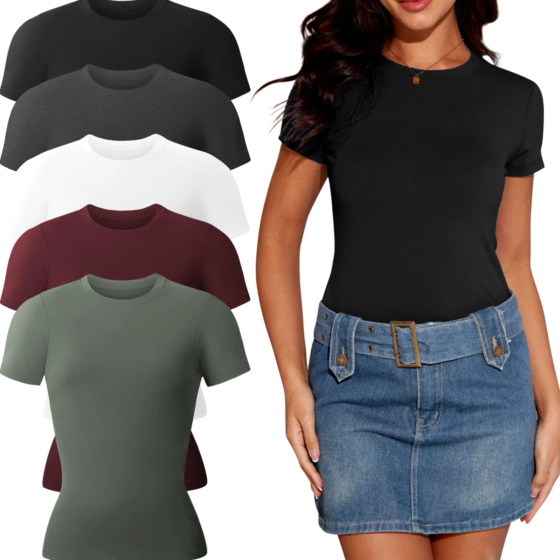 Camiseta Mujer Manga Corta Tops Casual Básica 5Pcs | Ajustada Cuello Redondo Viscosa,suave & elástica.Transpirable,lavable a máquina.Para Pilates,danza & uso diario
