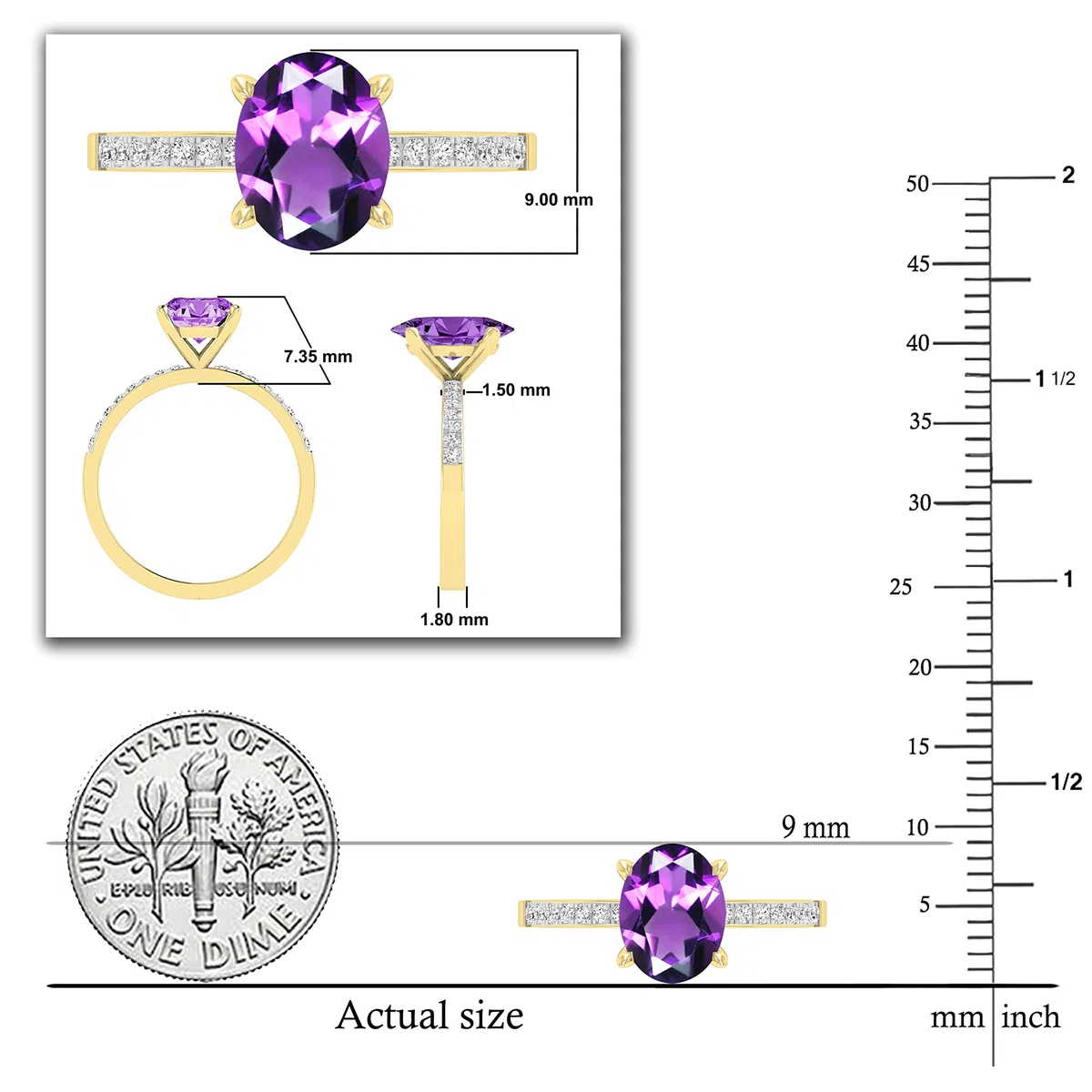 Dazzlingrock Collection Anillo de compromiso de oro amarillo de 14 quilates con piedras preciosas ovaladas y diamantes blancos redondos de 9 x 7 mm para mujer, Oro amarillo Amatista Diamante blanco