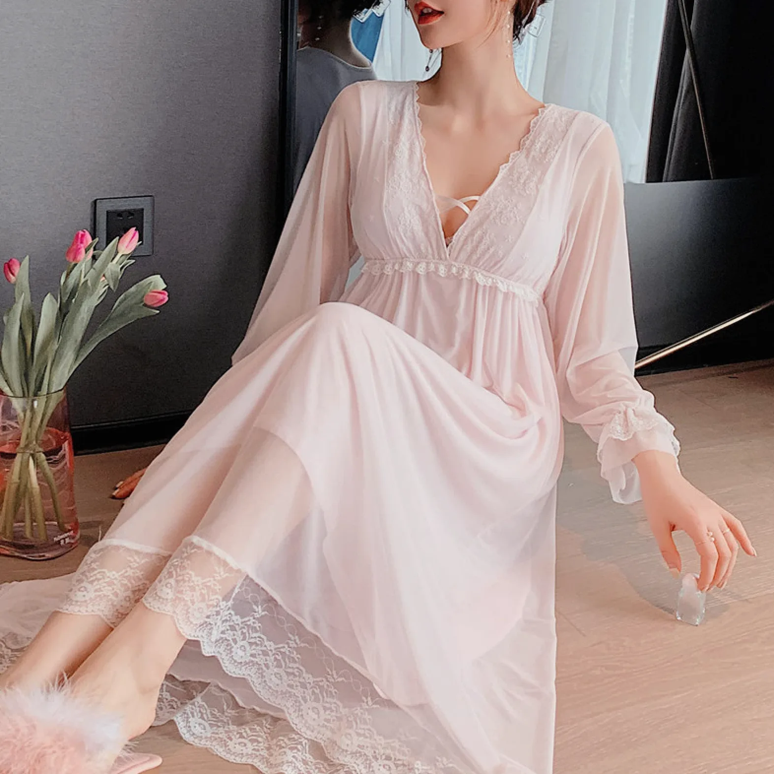 OFFSUM Camisón De Pijama De Mujer - Sexy Cuello En V Camisón De Encaje Ropa De Dormir Primavera Verano Estilo Princesa Color Sólido Camisón Malla Loungewear Vestido Casual