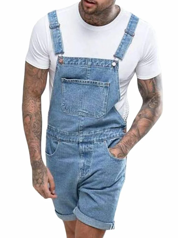 Peto de algodón para hombre, pantalones vaqueros cortos de trabajo, corte holgado, mono vaquero con bolsillos