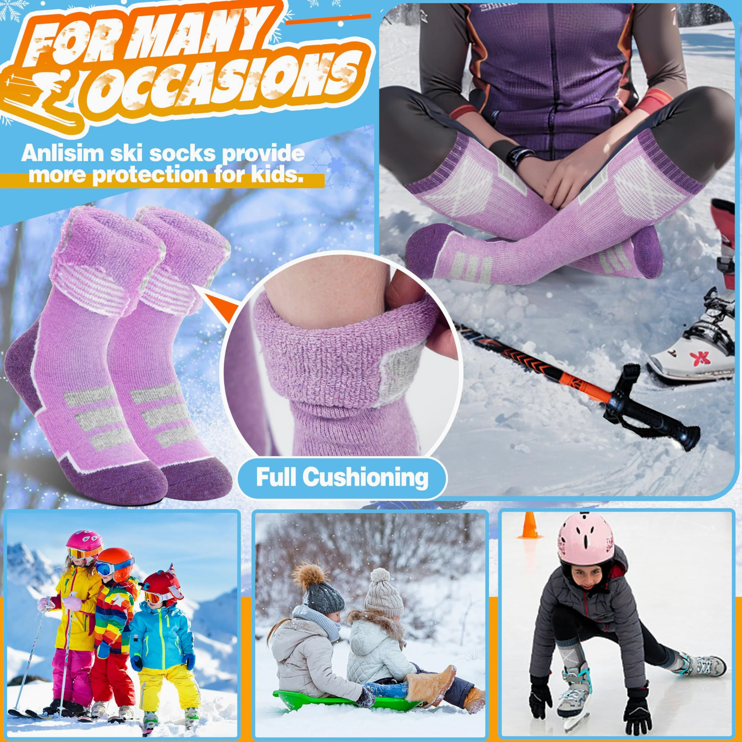 Anlisim - Calcetines de esquí de lana merina para niños, 3 pares de calcetines térmicos para invierno, cálidos y transpirables para esquí, snowboard