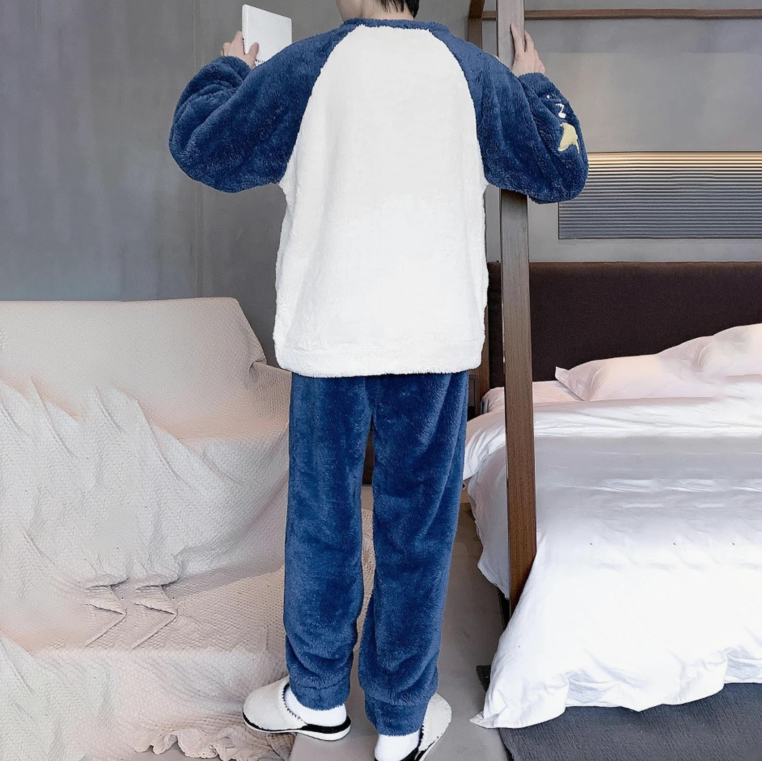 Generisch Pijama de franela para hombre, juego de pijama largo de invierno, conjunto de dos piezas, pijamas de forro polar, ropa de casa cálida, talla grande, camiseta de dormir + pantalones de pijama