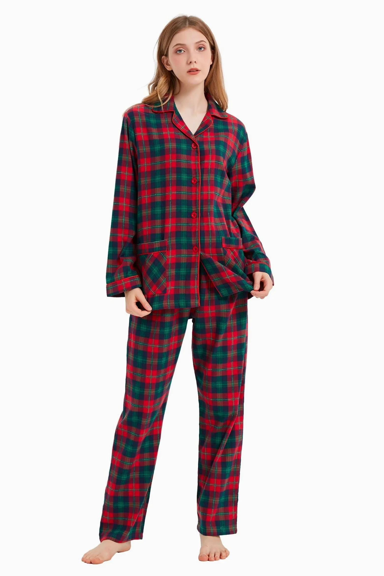 Conjunto de pijama de franela de algodón 100% para mujer, teñido en hilo, acogedor pijama de manga larga para el invierno