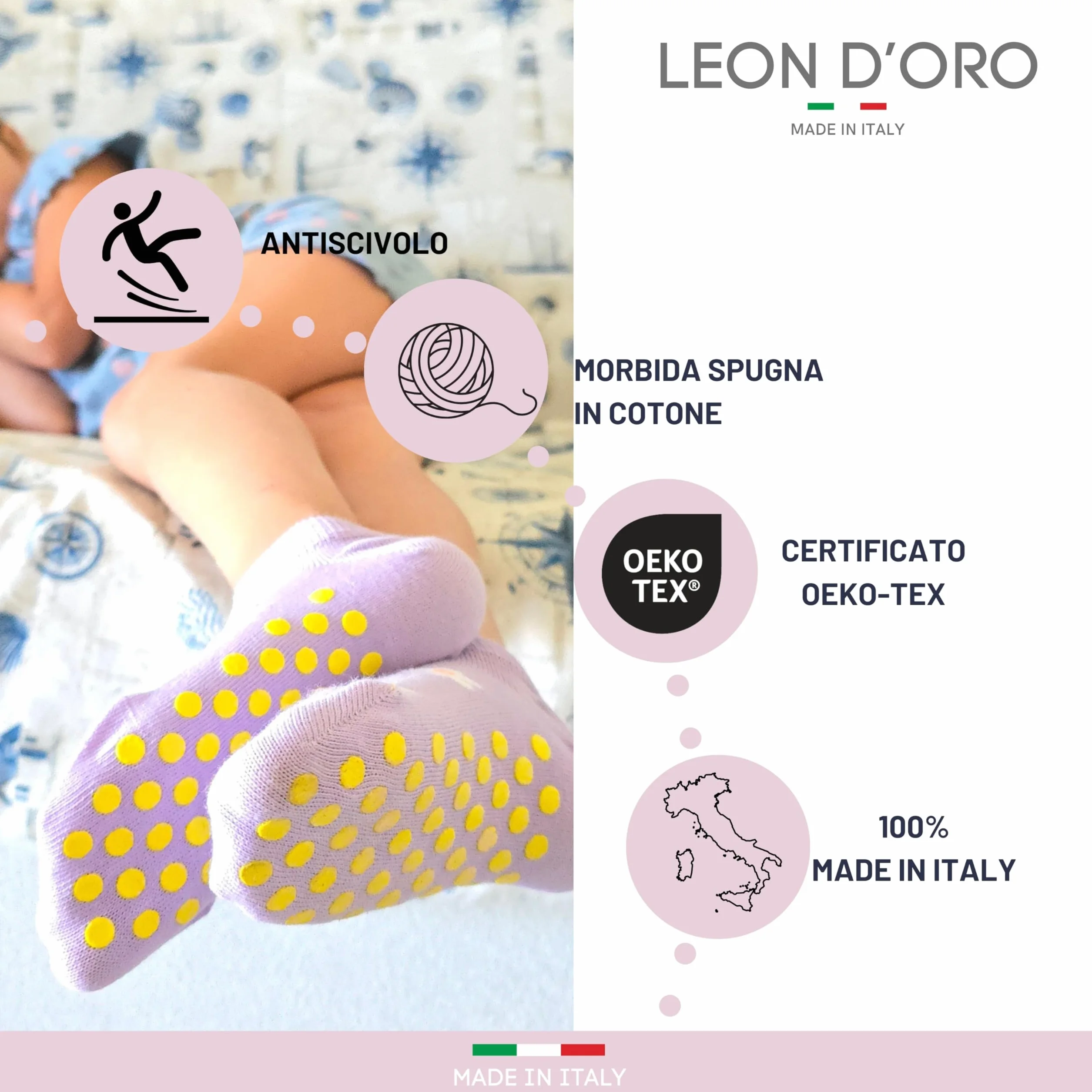 LEON D'ORO Calcetines de niña antideslizantes de algodón para niña, ABS, escuela, casa, hinchables, fabricados en Italia