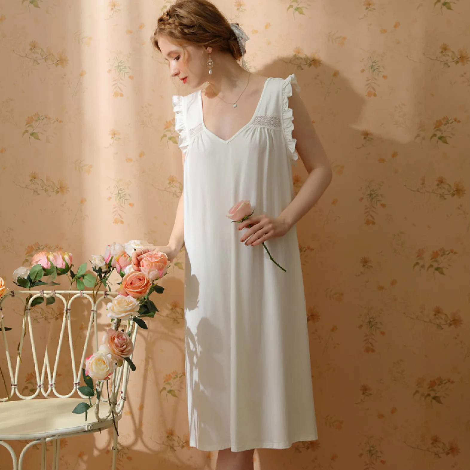 OFFSUM Verano Color Sólido Sin Mangas Camisón Algodón Palacio Princesa Sexy Casual Elegante Tirantes Ropa Interior