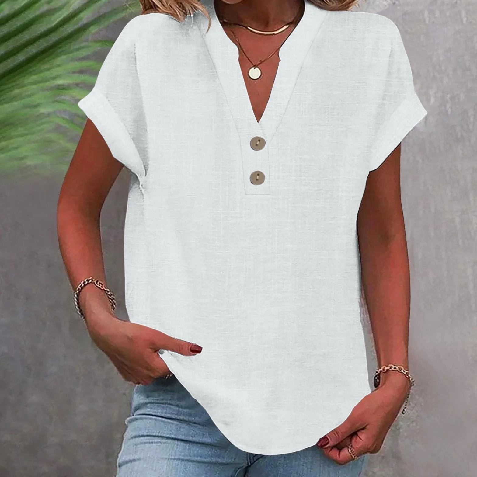 Camisa Mujer Verano Algodón Lino Botones Cuello V Blusa Elegante