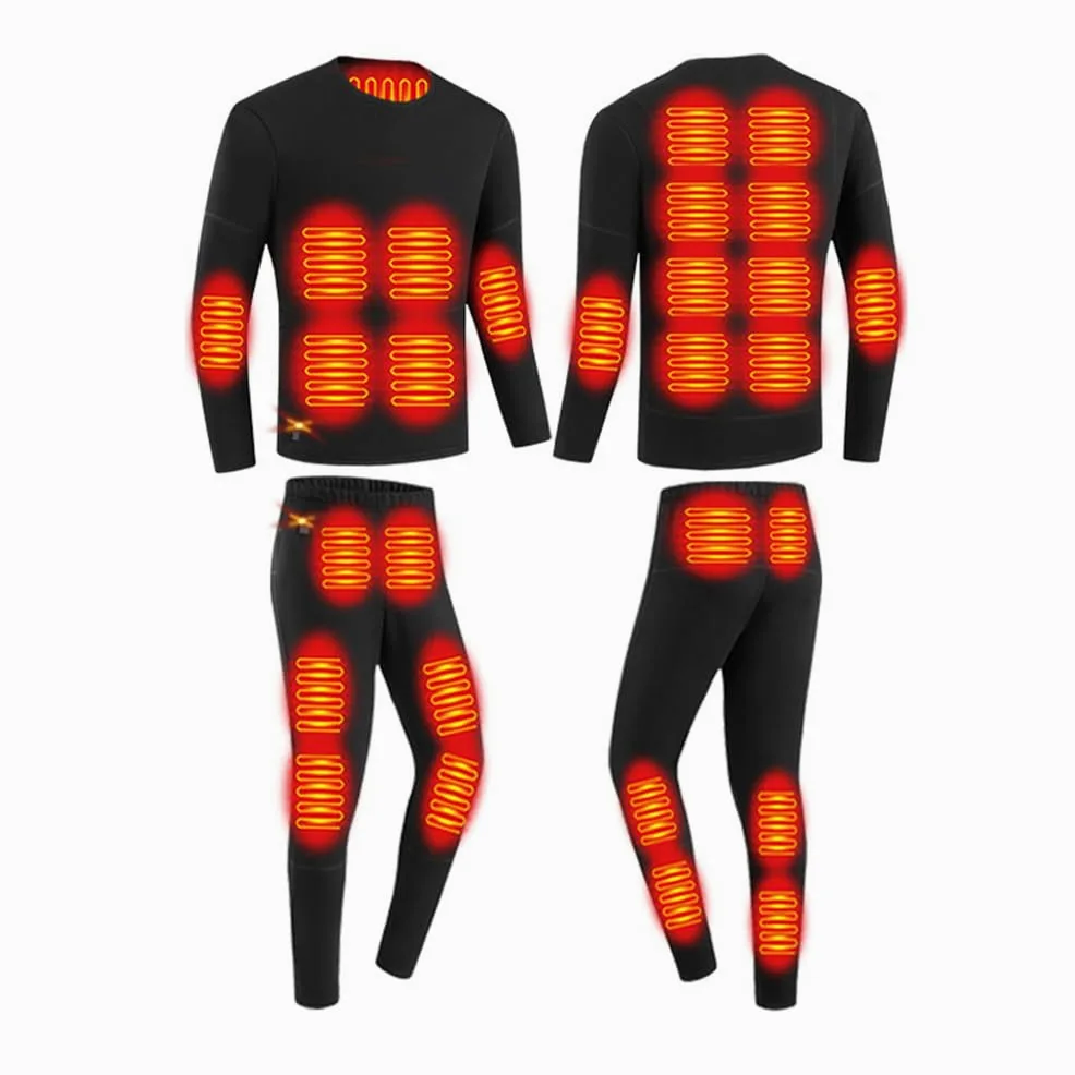 Conjunto de Ropa Interior Térmica Eléctrica para Hombre con 28 Zonas de Calentamiento Inteligente USB, Pantalones y Camiseta, Capa Base Térmica Lavable para Hombre para Invierno,Negro,S