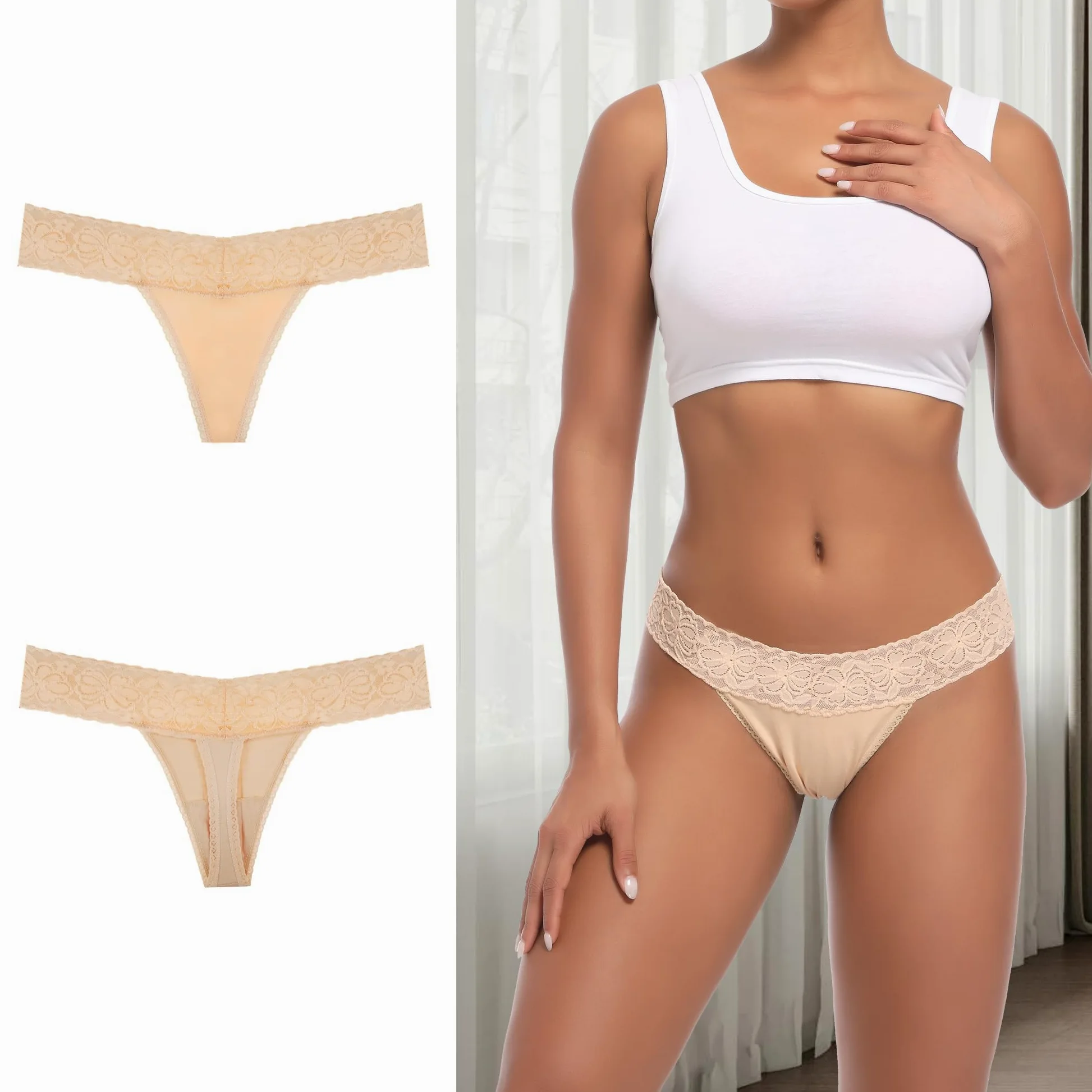 Paquete de 10 tangas de encaje sin costuras para mujer, talla grande, transpirables, talle bajo, espalda en T, de algodón elástico, ropa interior invisible, Tanga de algodón con cintura de