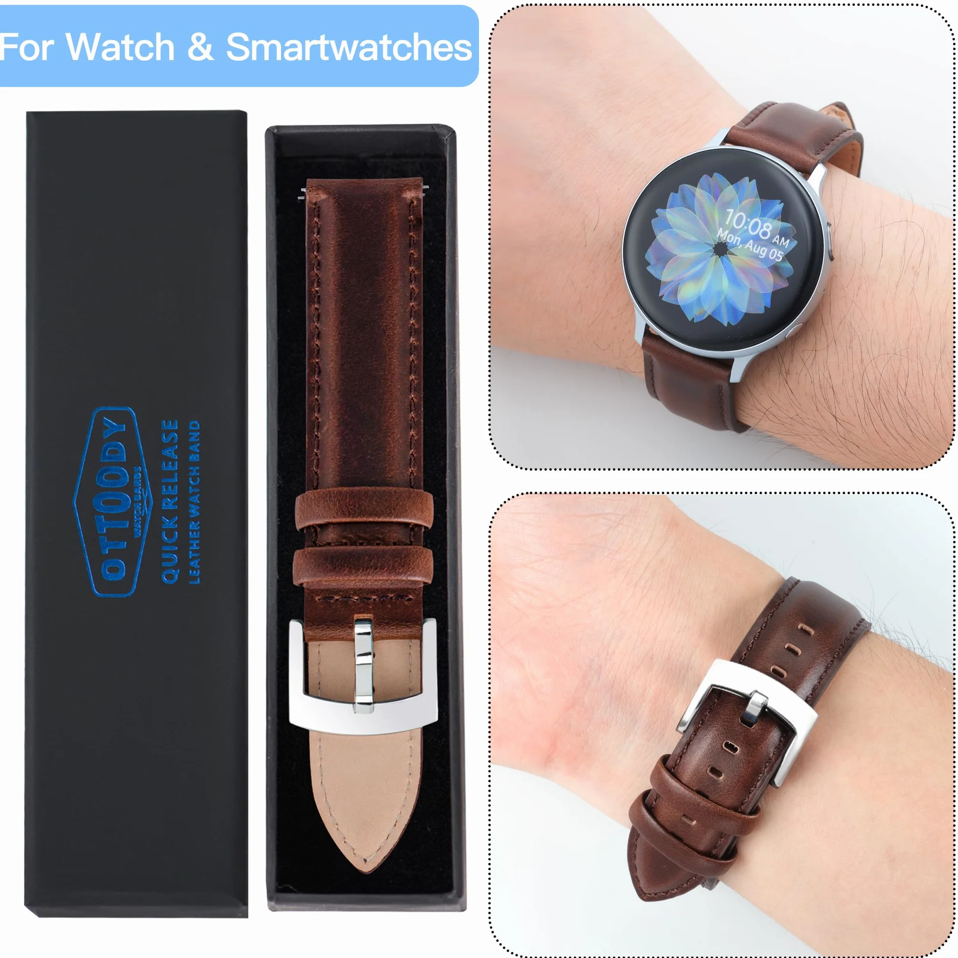 OTTOODY Correa de Reloj de Cuero de Liberación Rápida 18mm 19mm 20mm 21mm 22mm, Elegantes Correas de Reloj de Cuero de Grano Superior Correa de Reloj de Repuesto para Hombre Mujer, Reloj y Smartwatch
