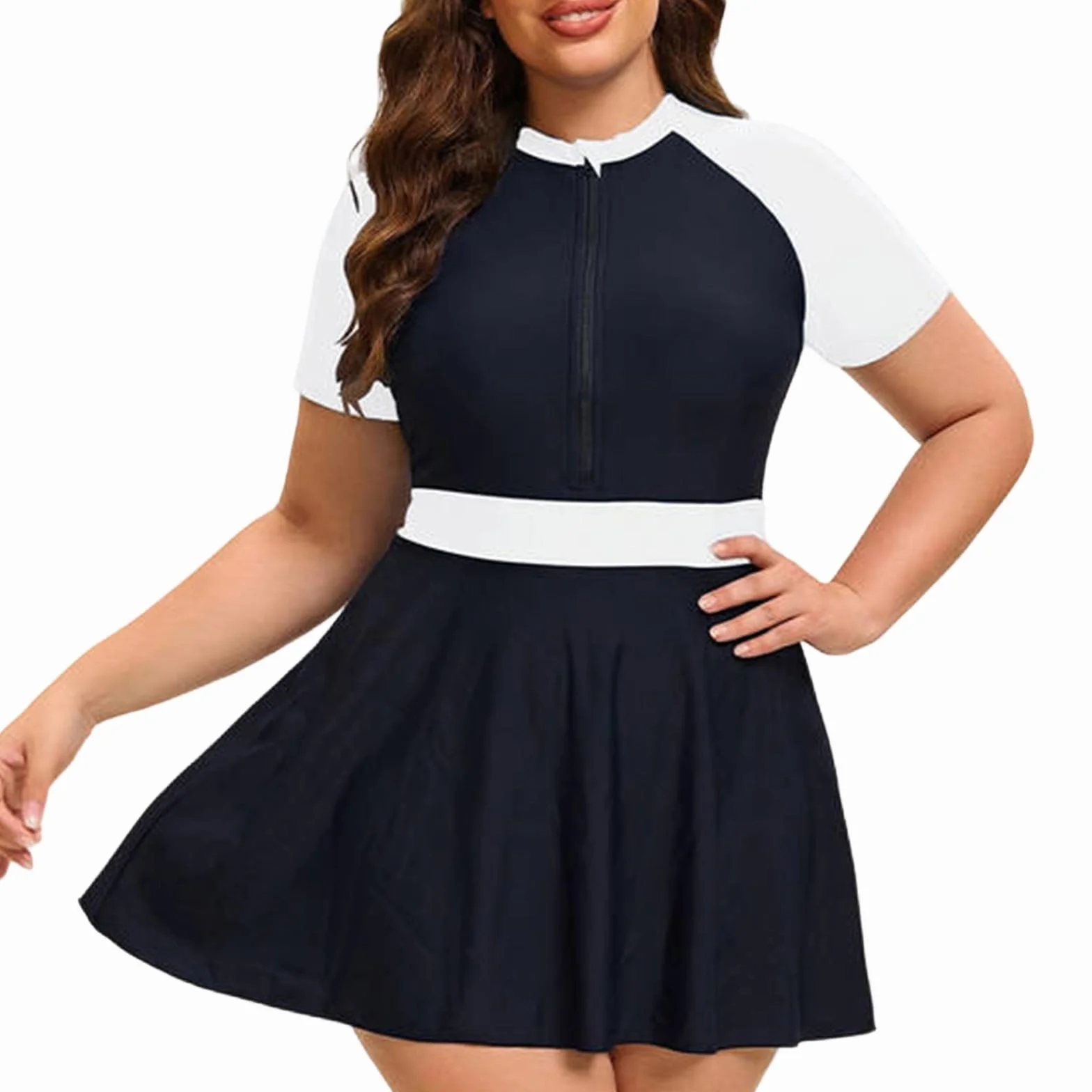 Vestido baño Talla Grande Manga Corta Cremallera Shorts Mujer Dos Piezas