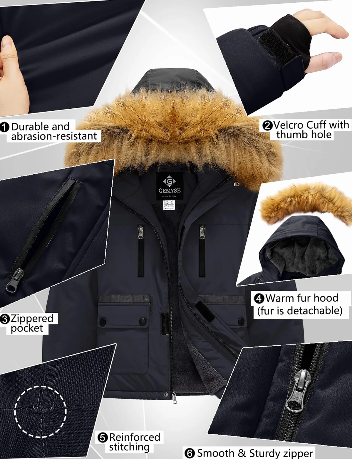 GEMYSE Chaqueta de Esquí para Niño con Capucha de Piel Desmontable Abrigo Impermeablede de Nieve Invierno Cazadora Antiviento