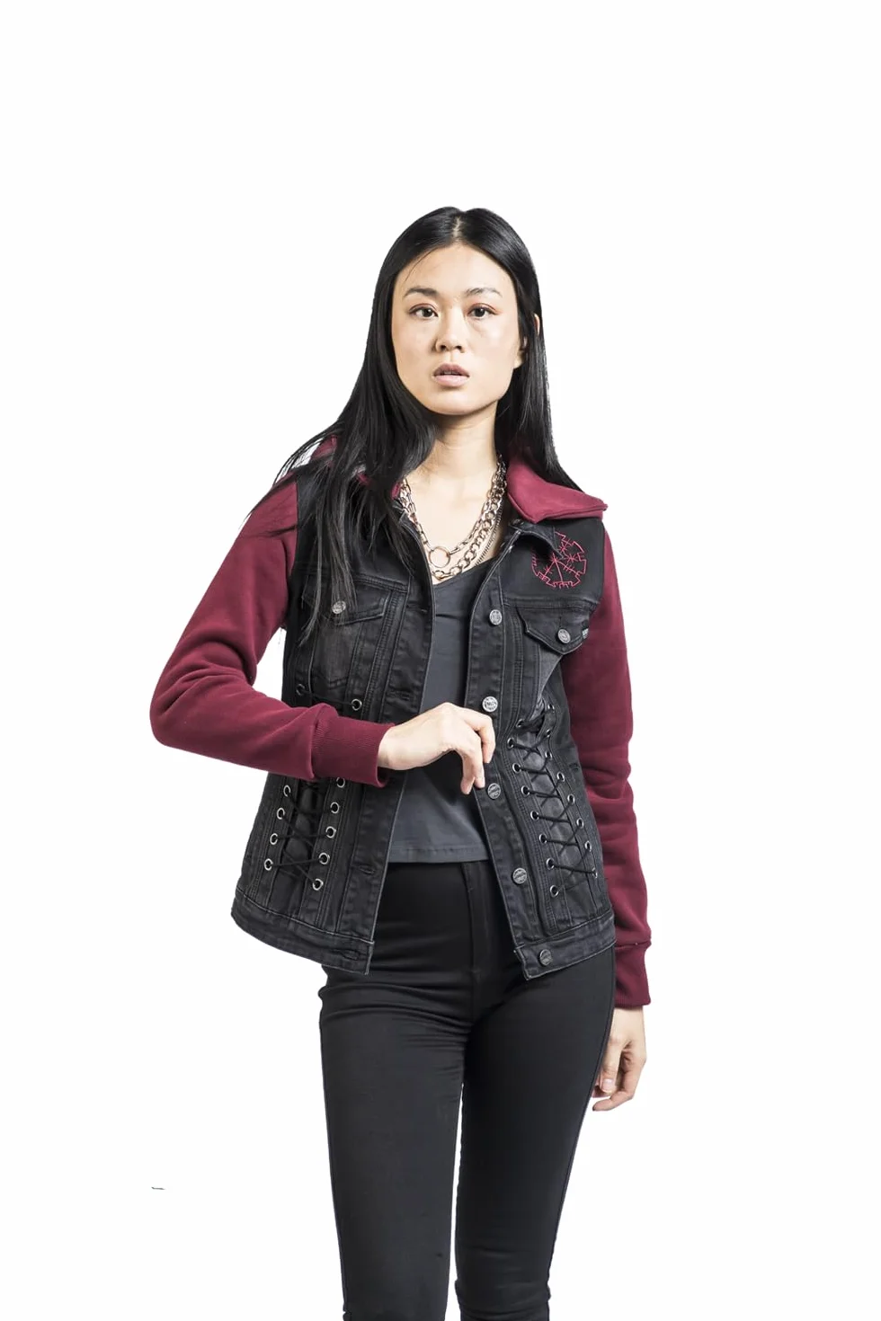 Chaqueta vaquera negra y roja con capucha desmontable Black Premium by EMP Mujer