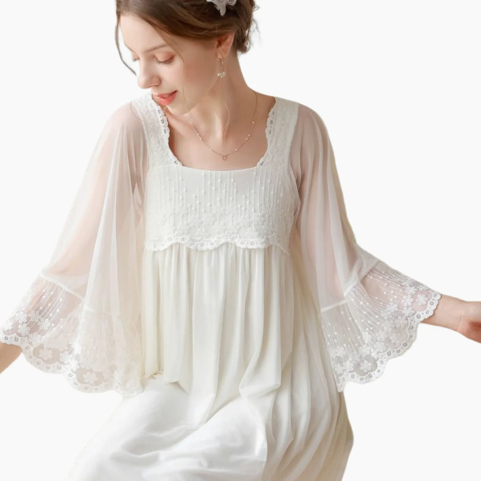 OFFSUM Camisón De Pijama De Mujer - Vestido De Cuello Cuadrado De Malla Dulce Ropa De Dormir De Color Sólido con Encaje Bordado Elegante Blanco Lencería Informal De Princesa Ropa De Dormir