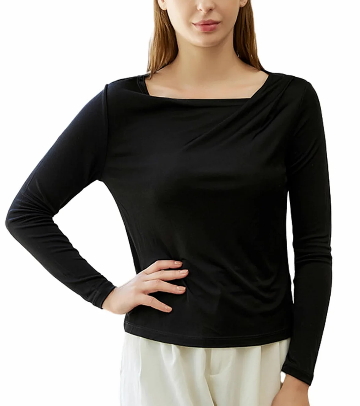 Camiseta de seda de manga larga para mujer, camiseta de seda pura, transpirable, térmica, ultra suave