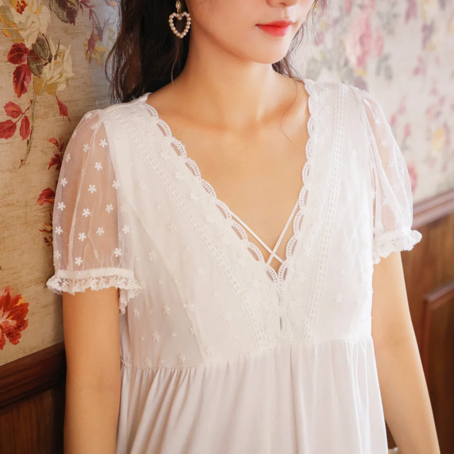 OFFSUM Camisón De Pijama De Mujer - Camisón Informal De Verano Longitud Media De Color Sólido Vestido De Palacio De Algodón Ropa De Descanso Sexy De Encaje con Cuello En V
